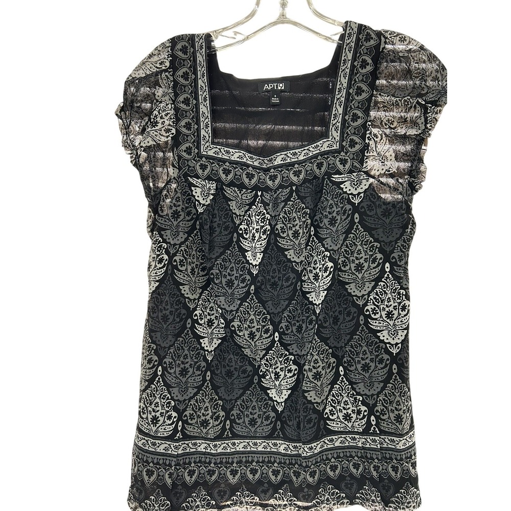 Apt. 9 Womens Black White Damask Paisley Square Neck Cap Sleeve Blouse Size S
